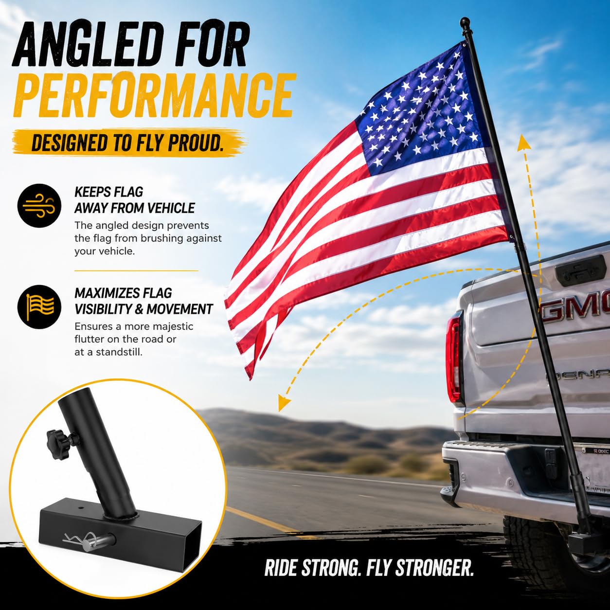ELONN angled holder with flag extended demonstrating better fluttering