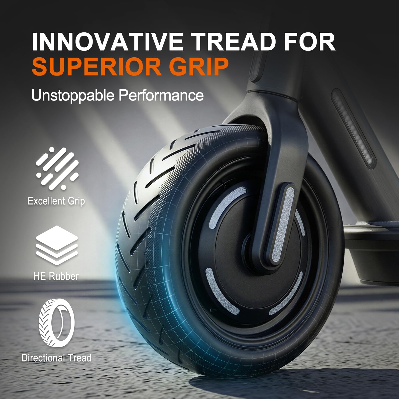 EMERK tire next to ruler demonstrating 8.5×2 size for accurate fit verification