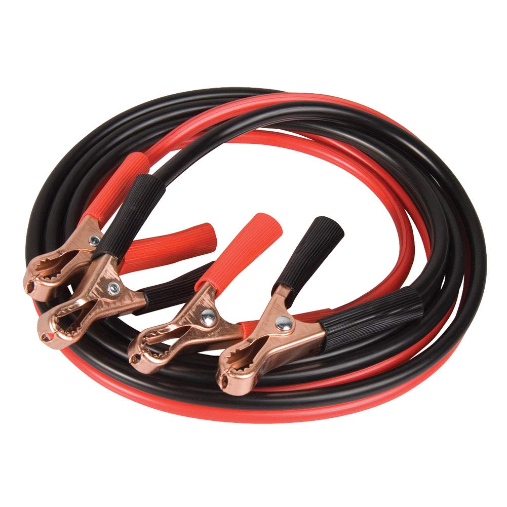 Emgo front view of 6-foot cycle jumper cable set shows compact portability and clear clamps