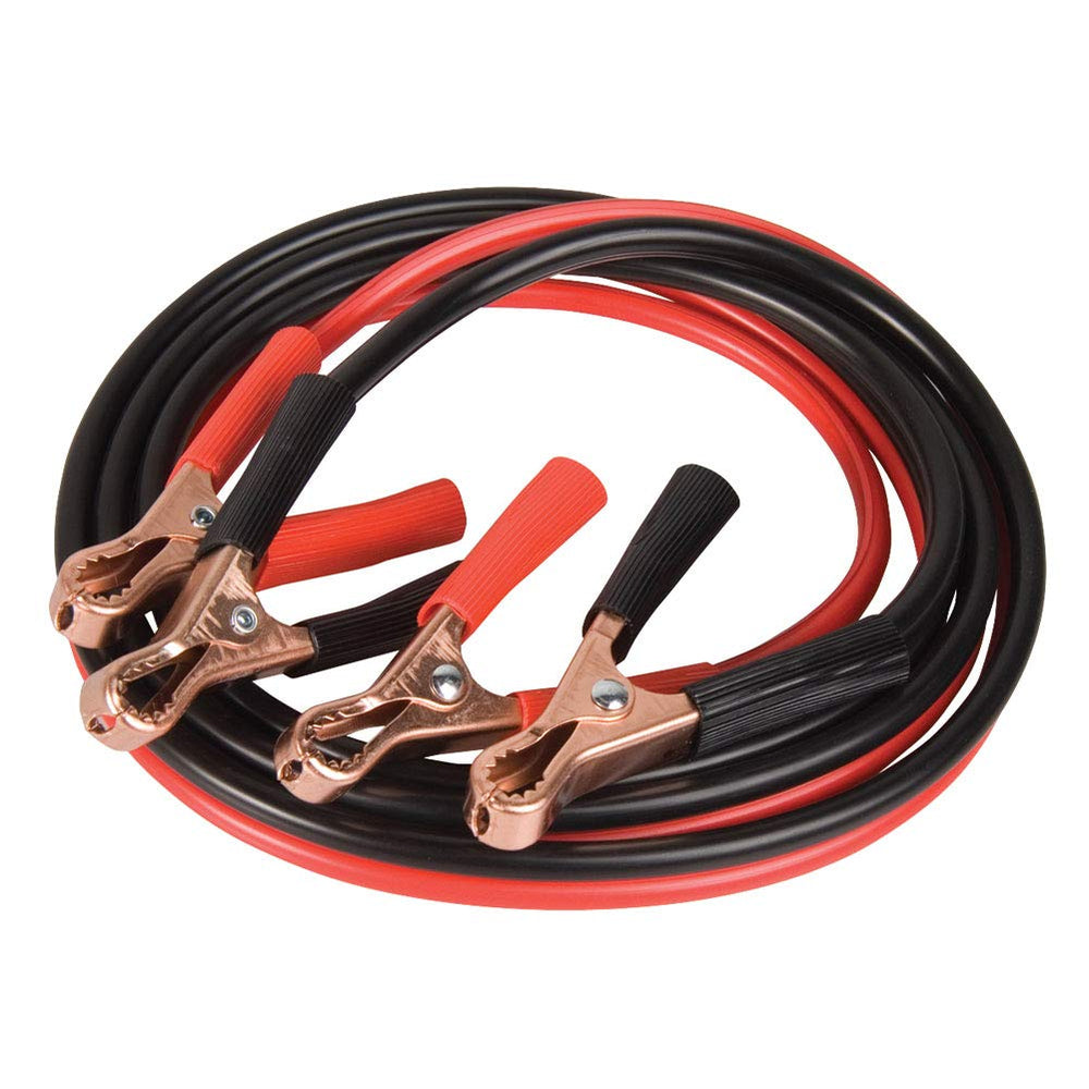 Emgo front view of 6-foot cycle jumper cable set shows compact portability and clear clamps