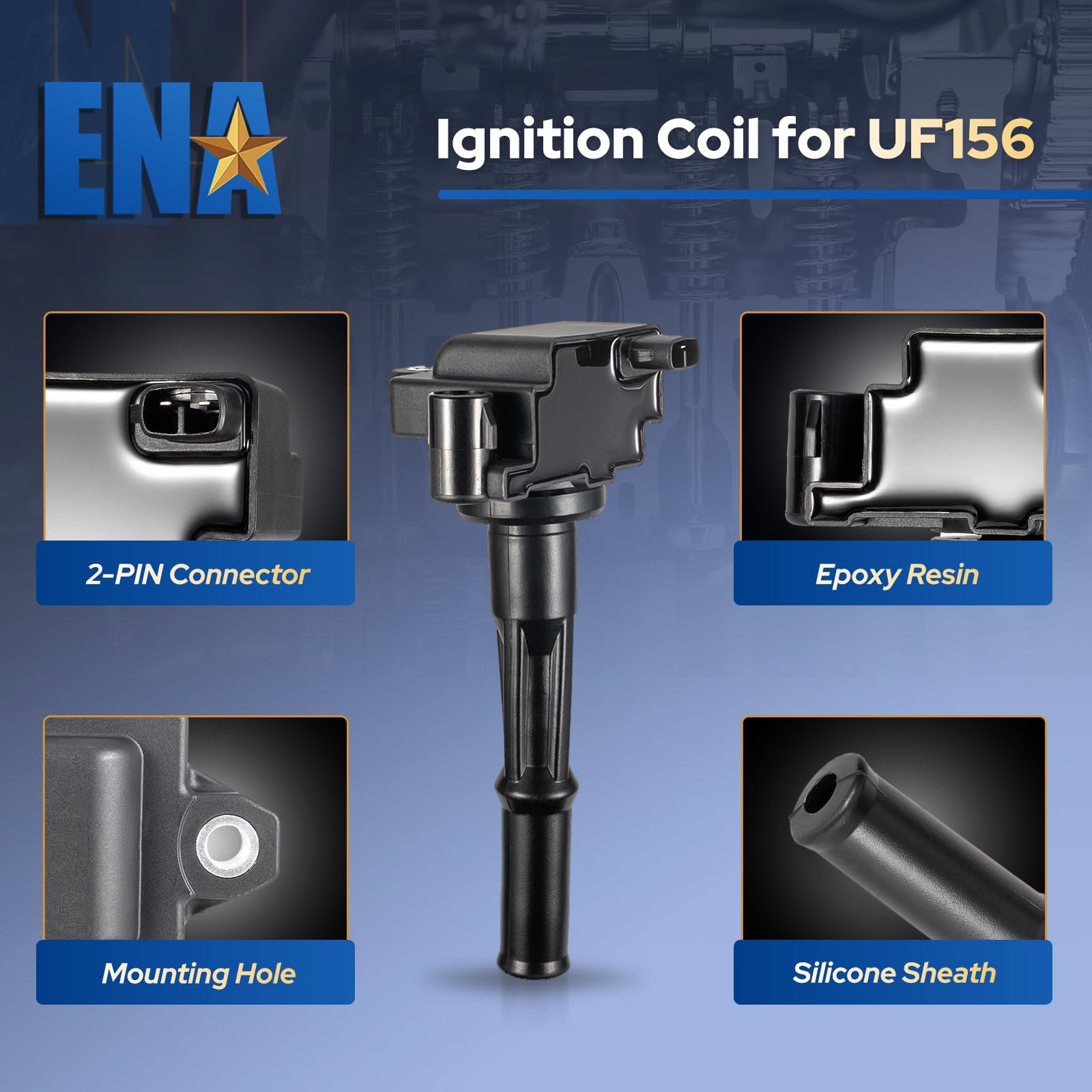 ENA coil pack side detail highlighting durable housing and bolt-on mount for longevity