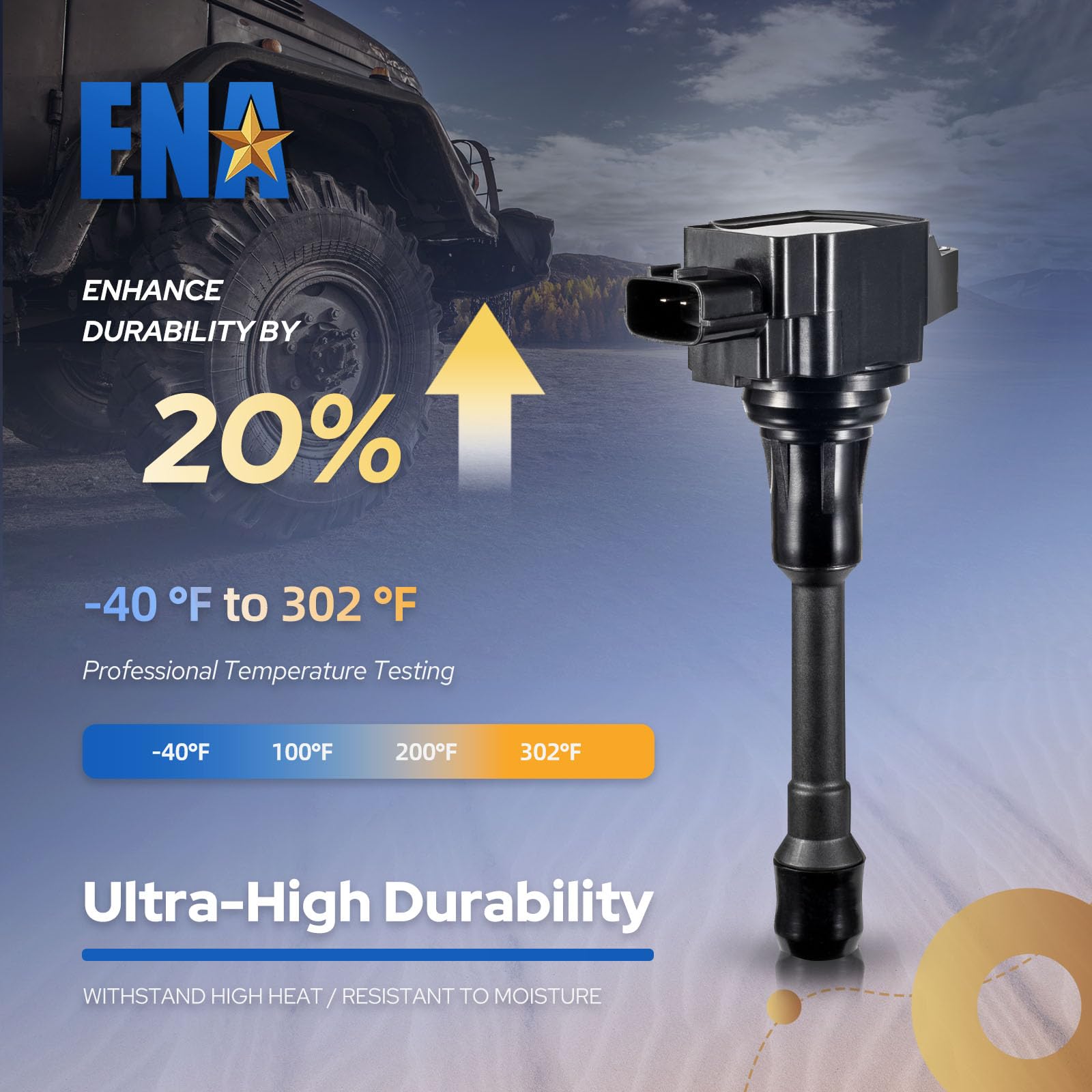 ENA ignition coil side profile highlighting durable housing for heat resistance