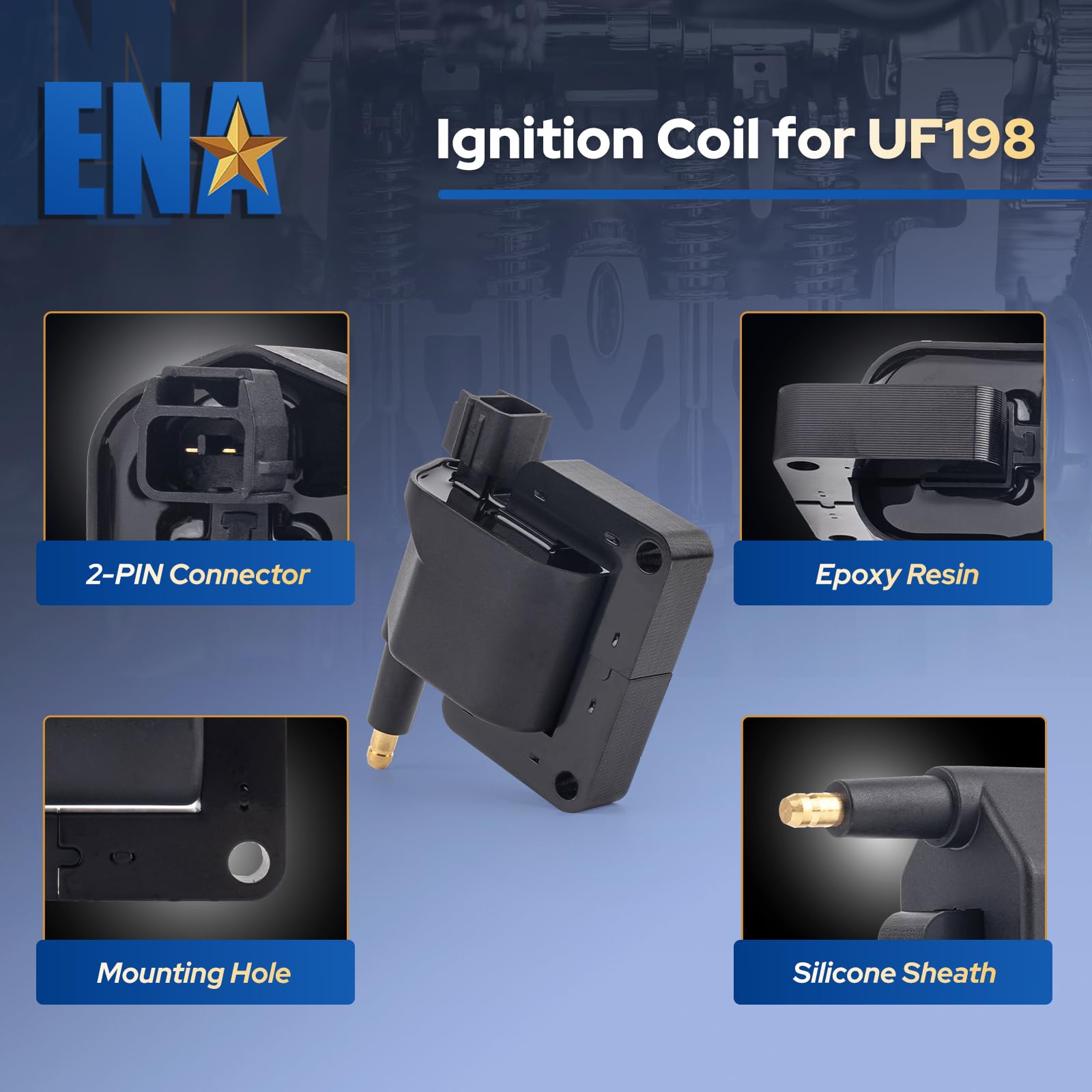 ENA coil pack top terminal closeup showing sealed connectors for reliability