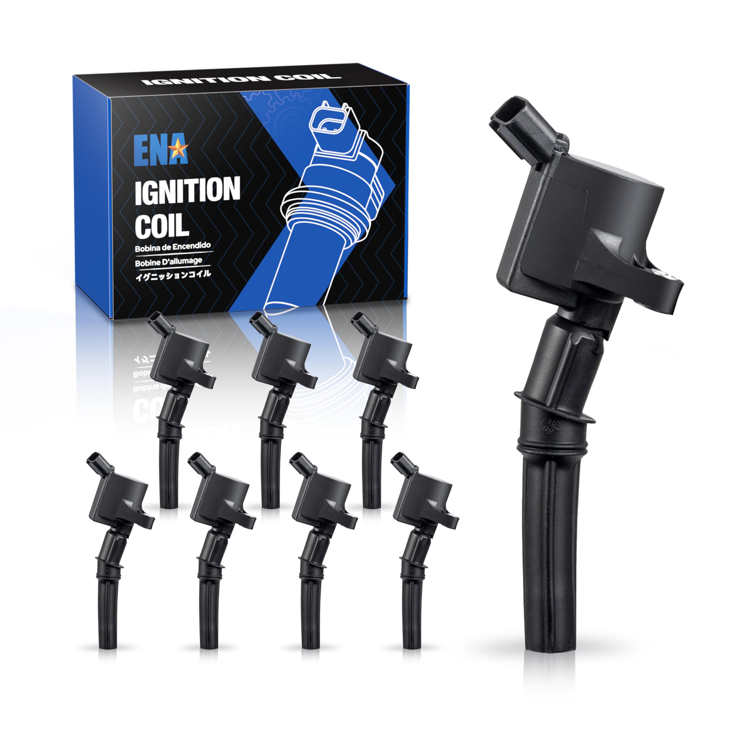 ENA front packaging showing eight curved-boot ignition coils and compatibility