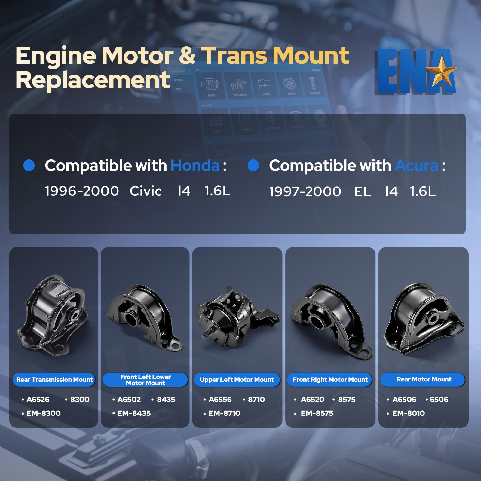 ENA front left lower mount close-up highlighting durable rubber benefit