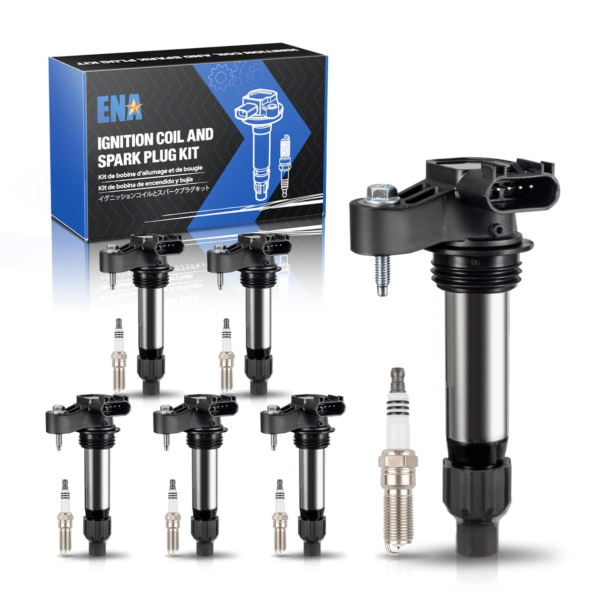 ENA front packaging showing six coils and six plugs for quick full-set replacement