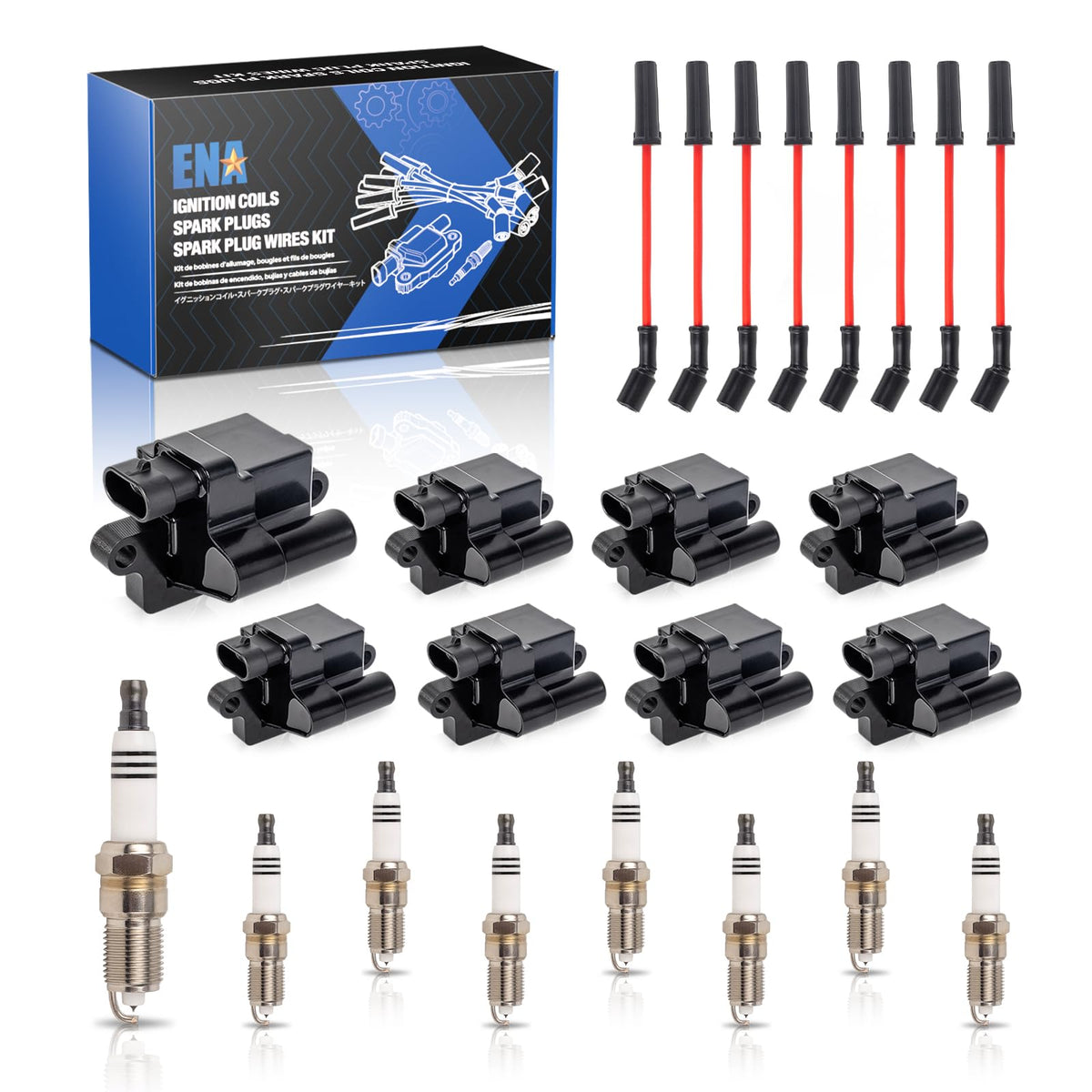 ENA front packaging showing complete eight-piece ignition kit and benefits