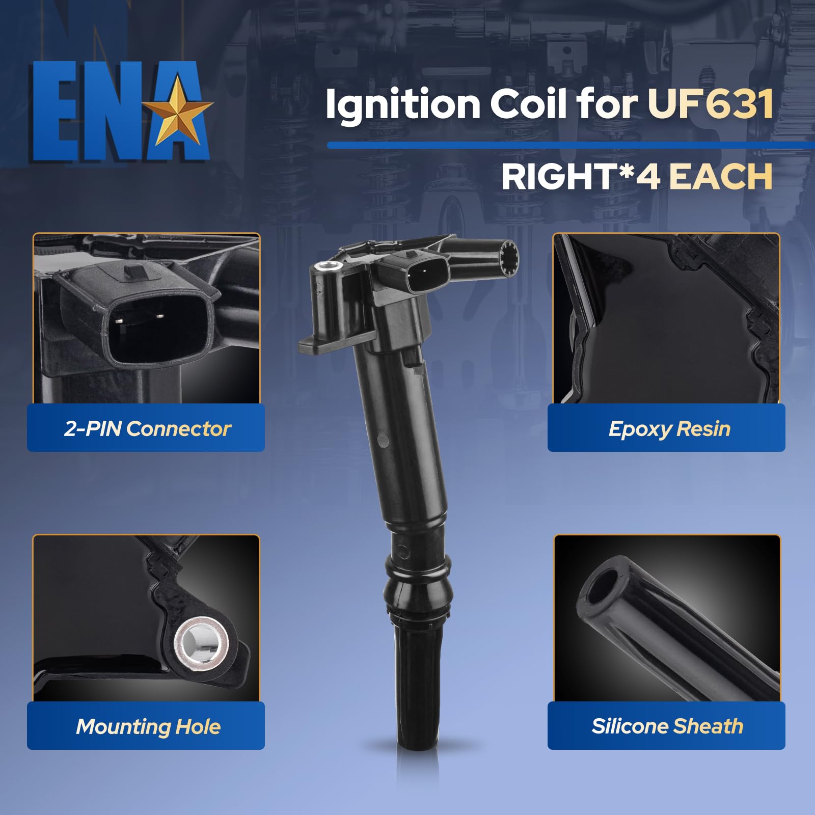 ENA ignition coil detail showing connector and durable housing benefit