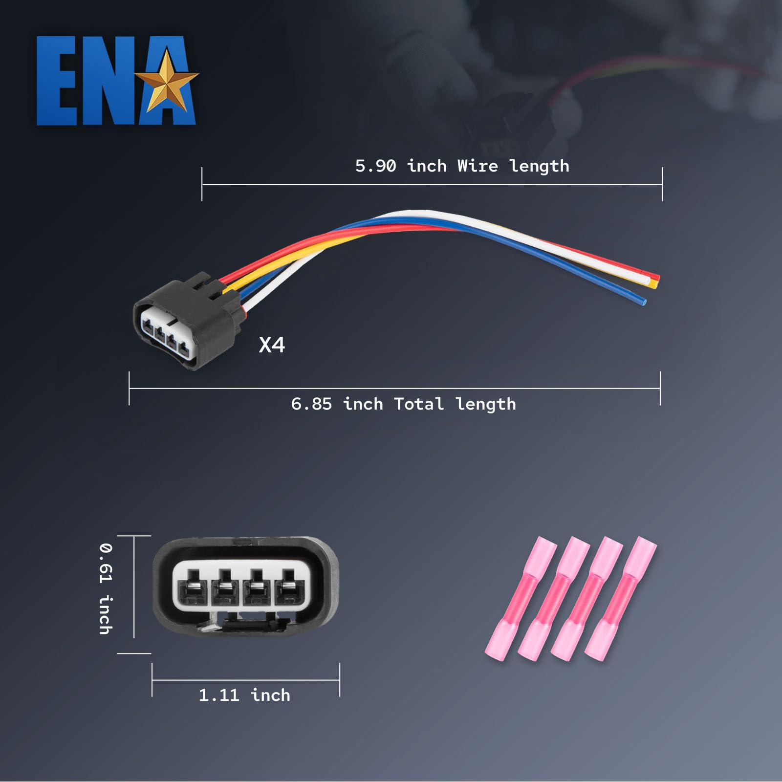 ENA packaging and contents layout showing four connectors and included warranty