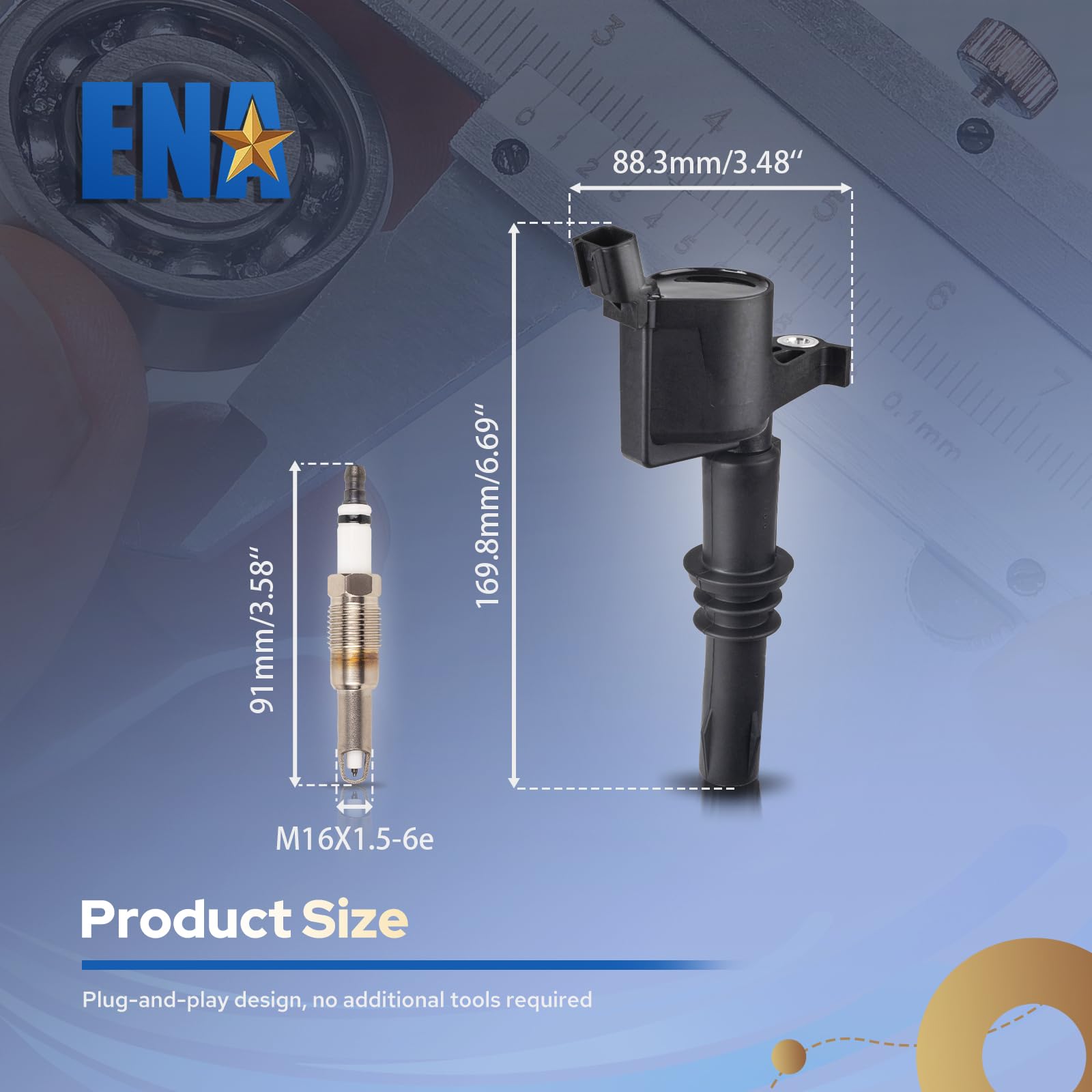 ENA spark plugs lined up showing hex and thread detail for correct torqueing