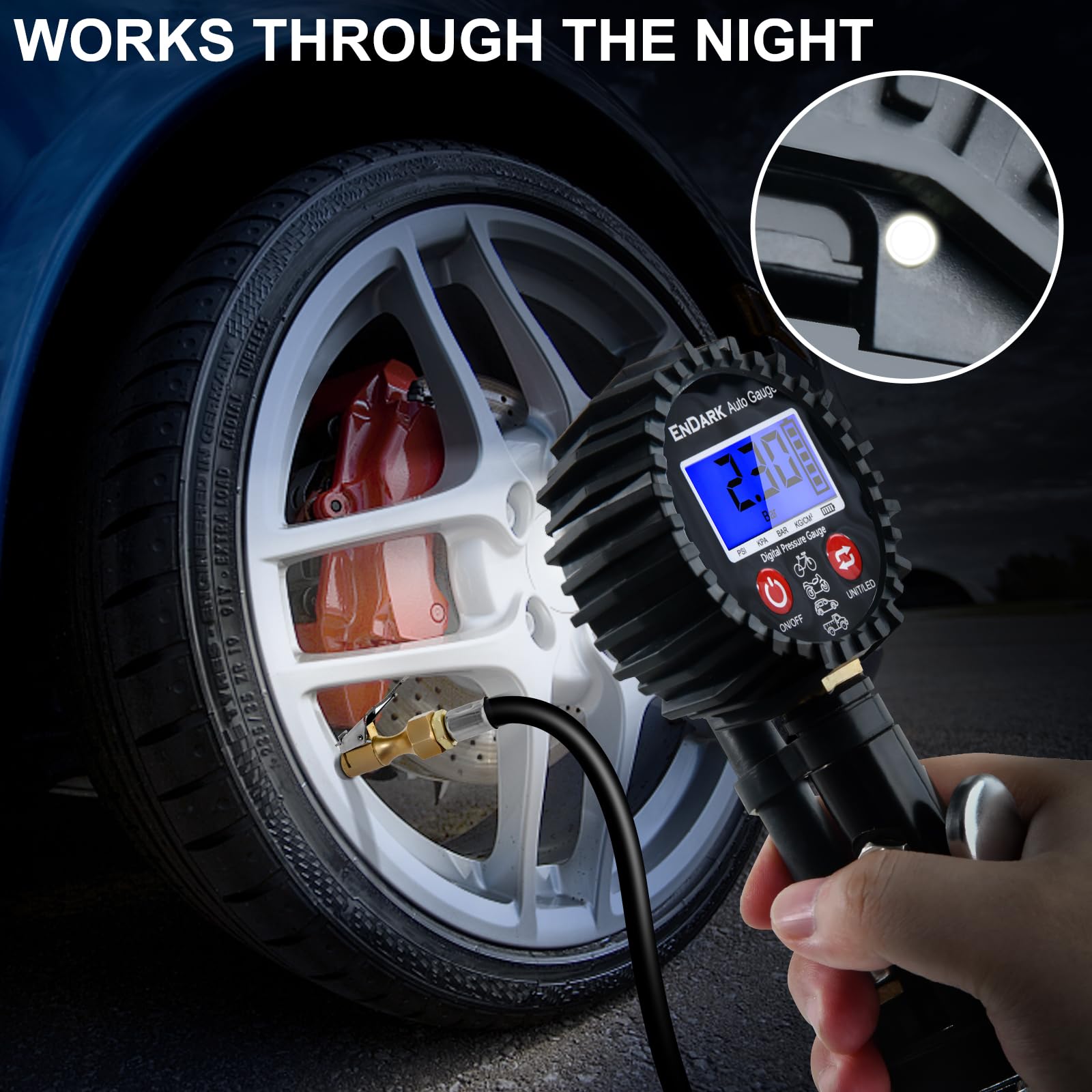 ENDARK lifestyle shot in garage showing tool in use for convenient tyre maintenance benefit