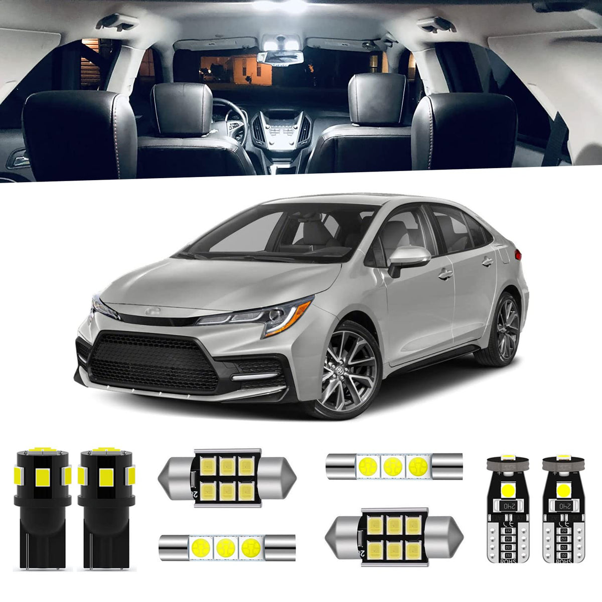 ENDPAGE front packaging showing the full 6-piece Corolla LED kit and quick benefits