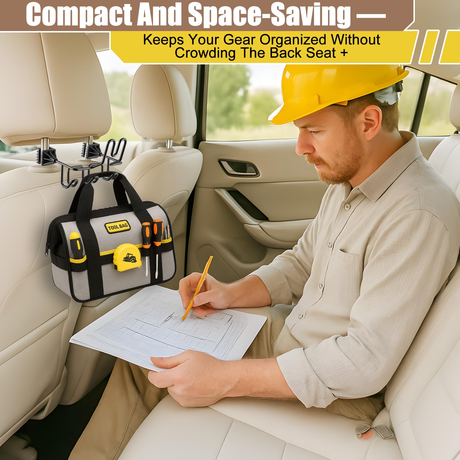 Enhon detail of triple hooks holding tools and bags for clutter‑free vehicle benefit