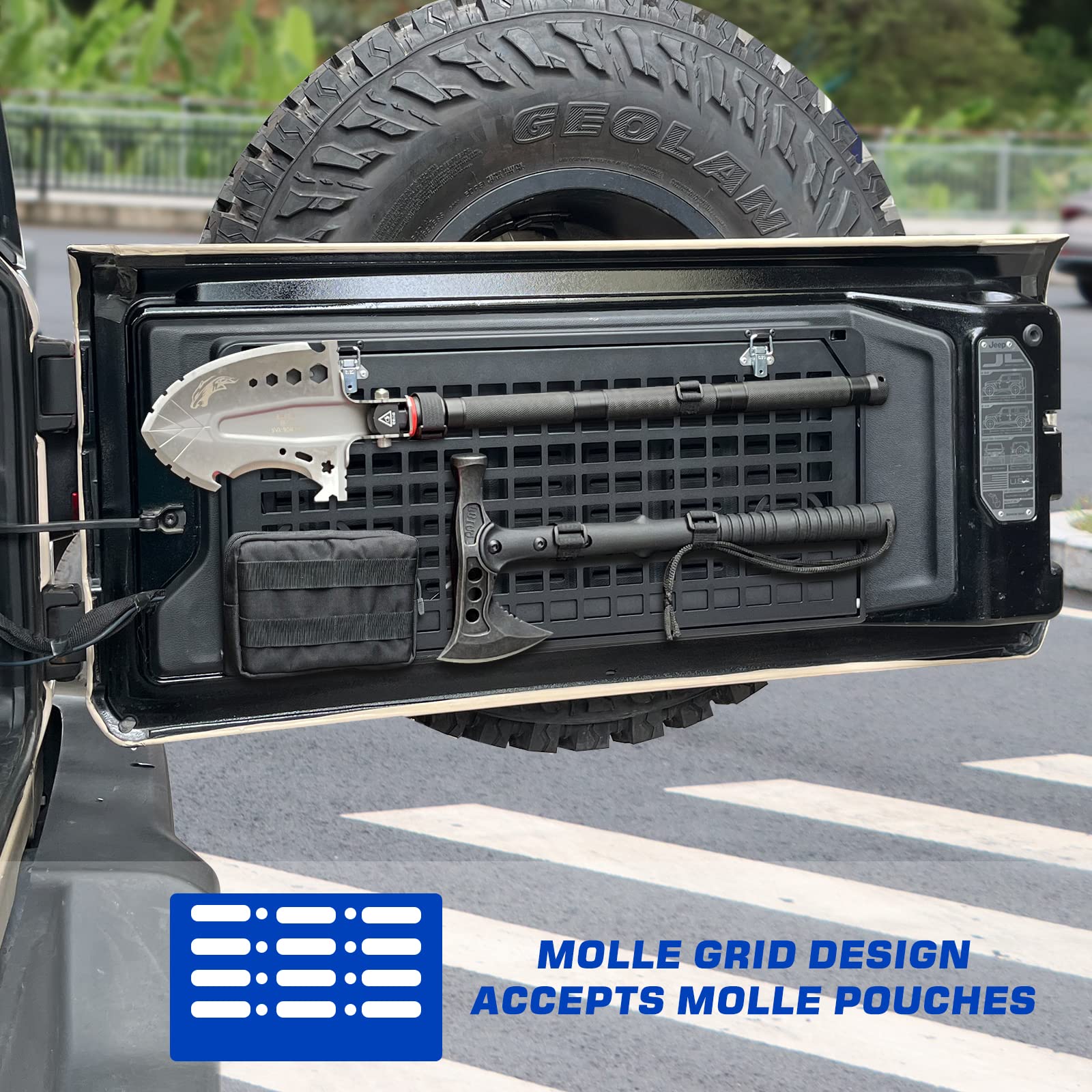EOIS tailgate table close-up showing textured powder-coat for corrosion resistance