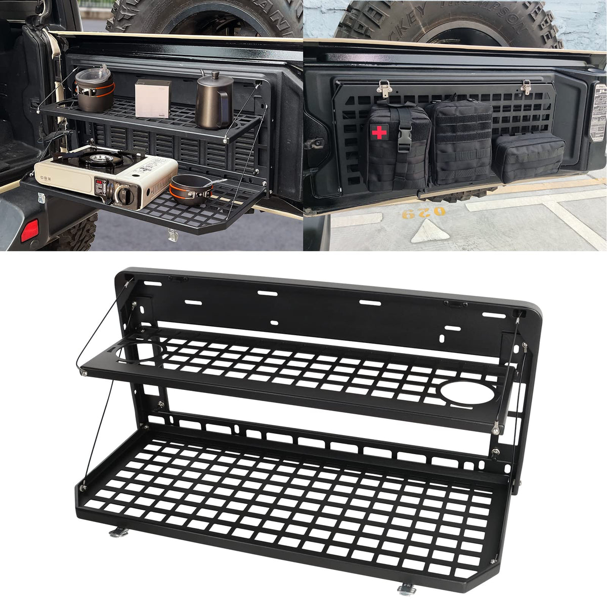 EOIS tailgate table front mounted on Jeep displaying sturdy workspace