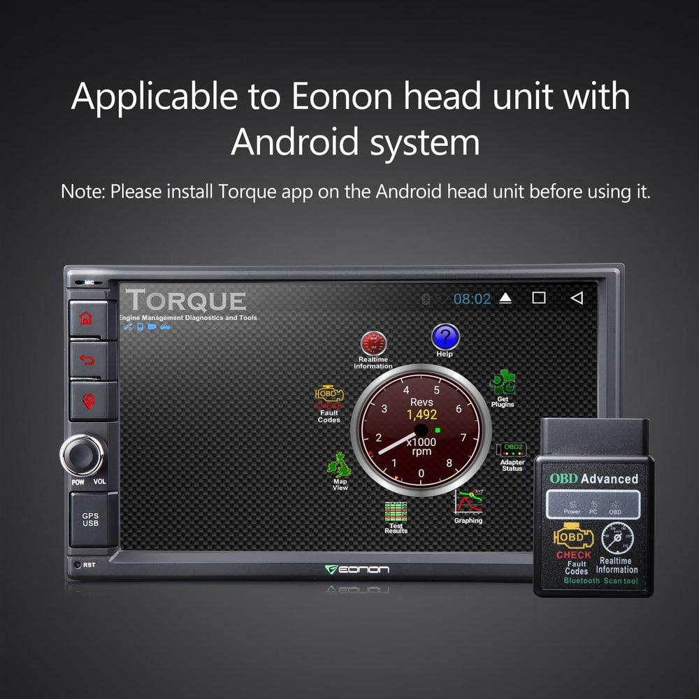 EONON V0056 paired to Android stereo showing live data display for monitoring