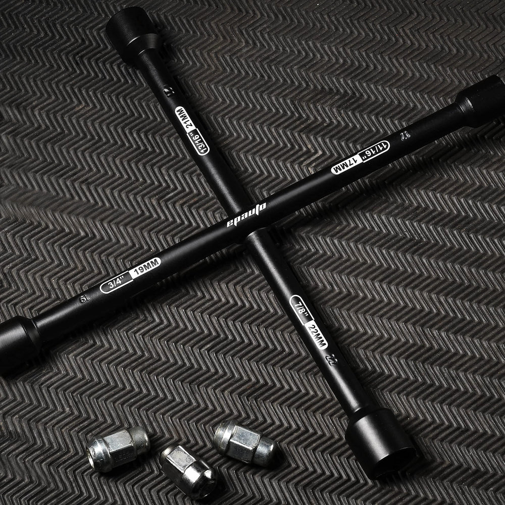 EPAuto lug wrench beside tape measure showing 14-inch compact size for storage