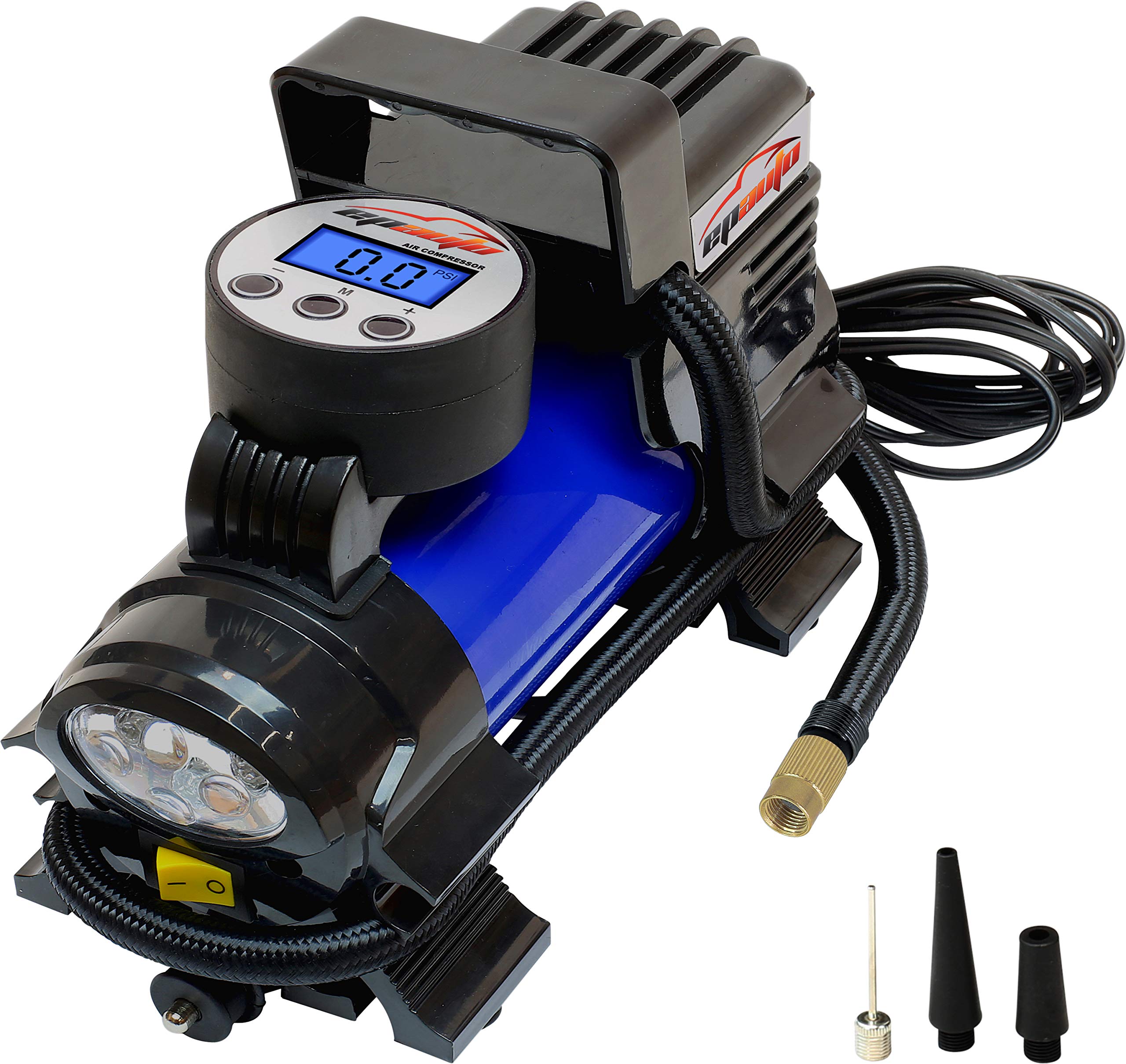 EPAuto inflator front view showing compact housing and plug for quick storage