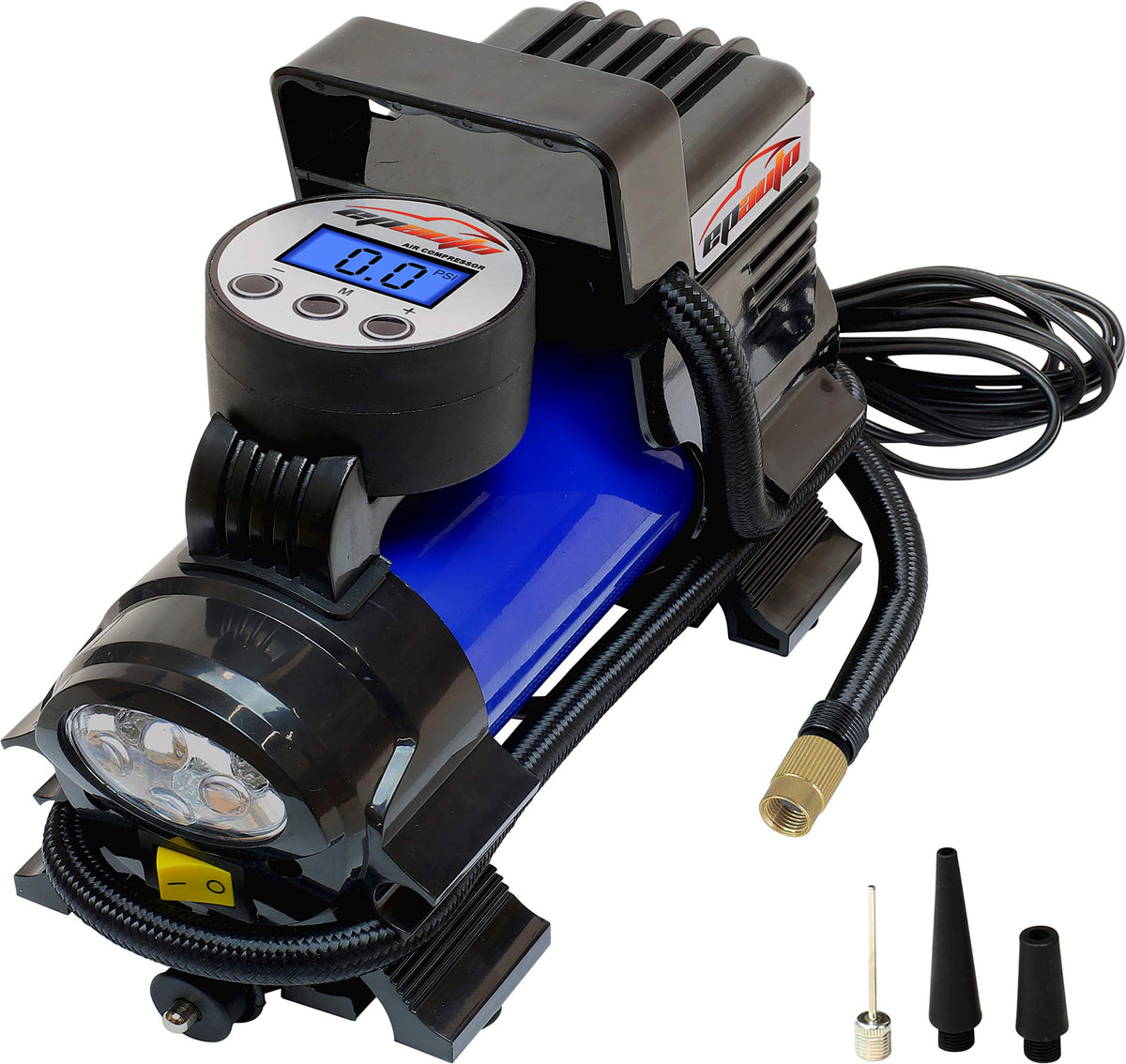 EPAuto inflator front view showing compact housing and plug for quick storage