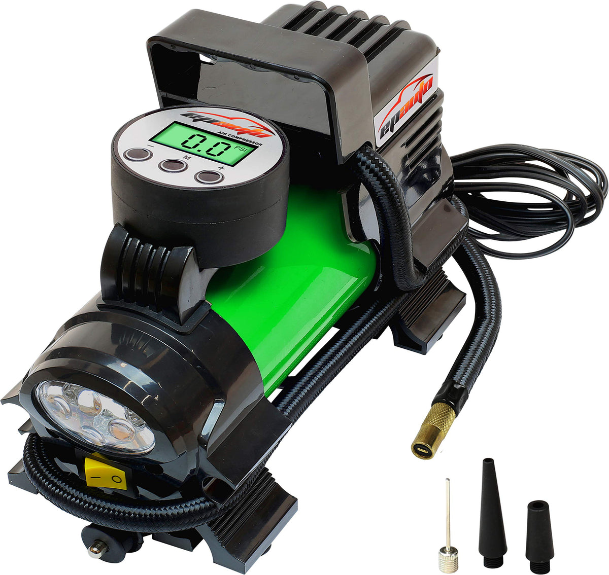 EPAuto front view showing compact inflator and cigarette lighter plug for easy storage