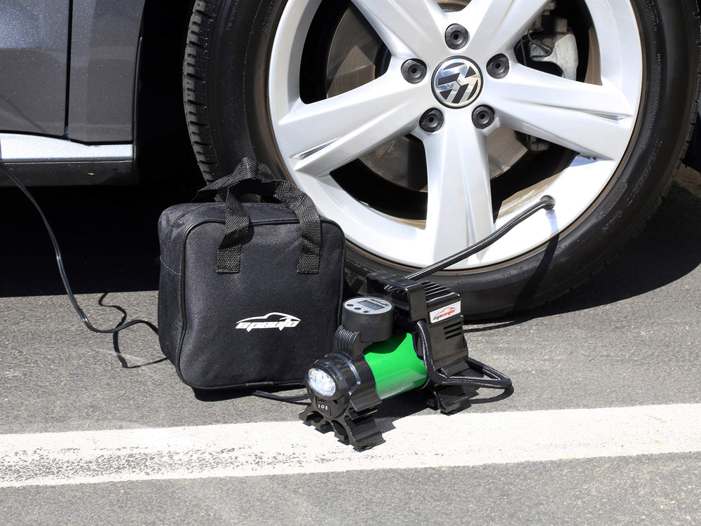 EPAuto inflator connected to a car tire demonstrating quick roadside inflation benefit