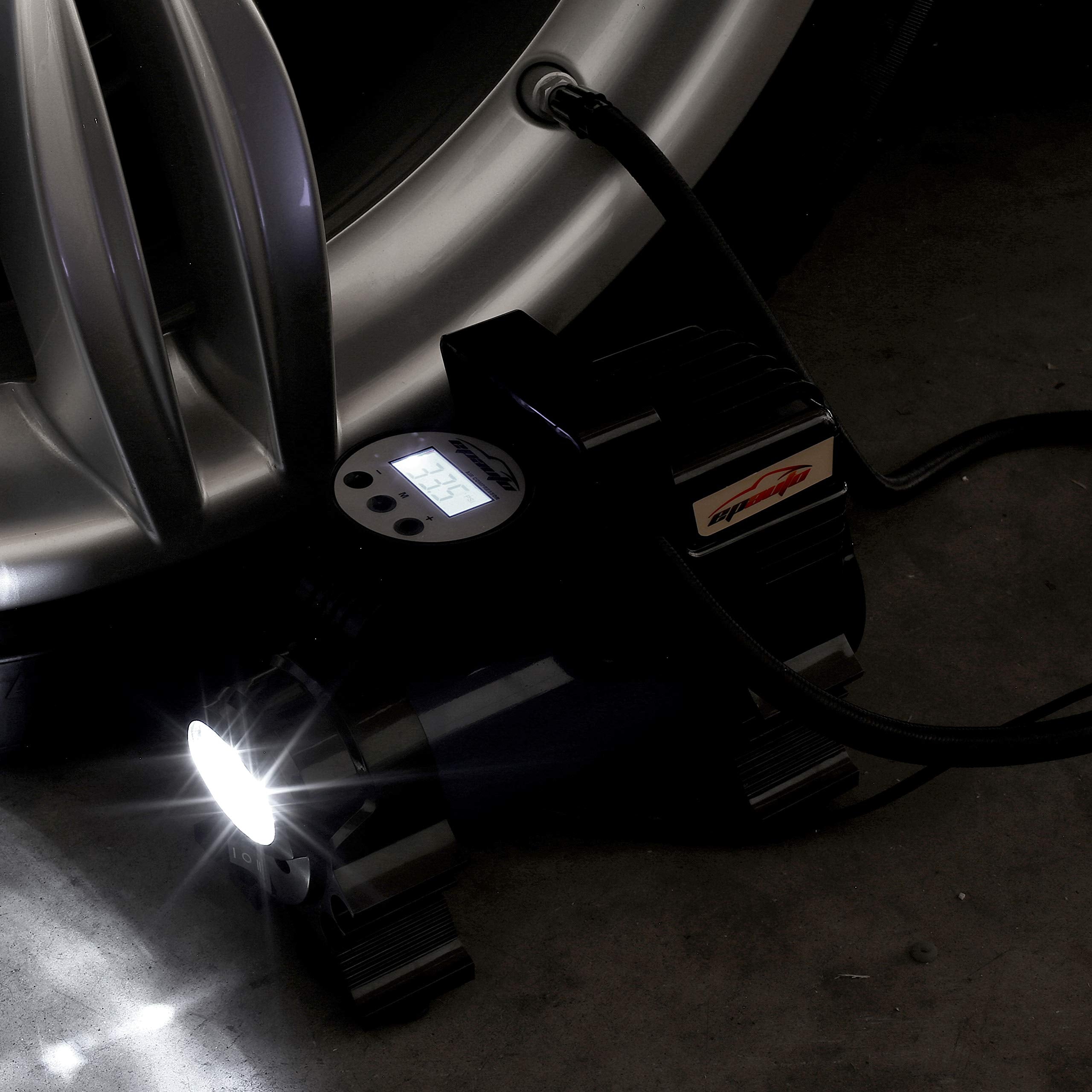 EPAuto inflator with included needle and cone adapters showing versatile inflation options