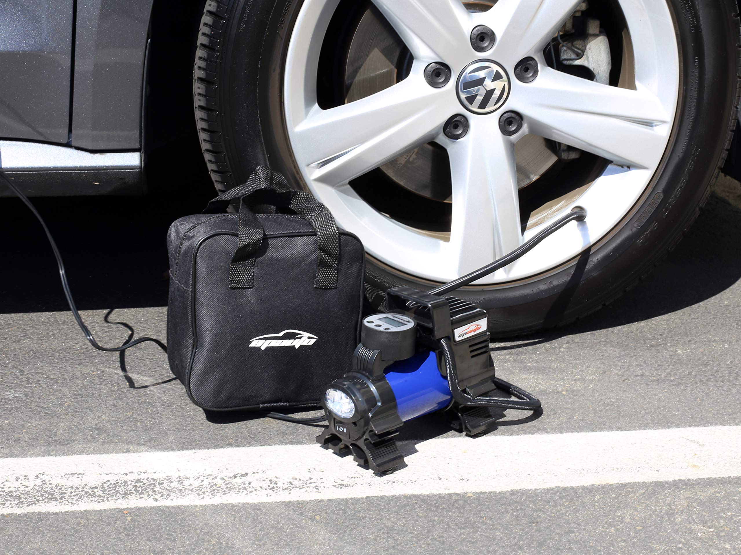 EPAuto inflator hose and included adapters detail for balls, cones and schrader valves