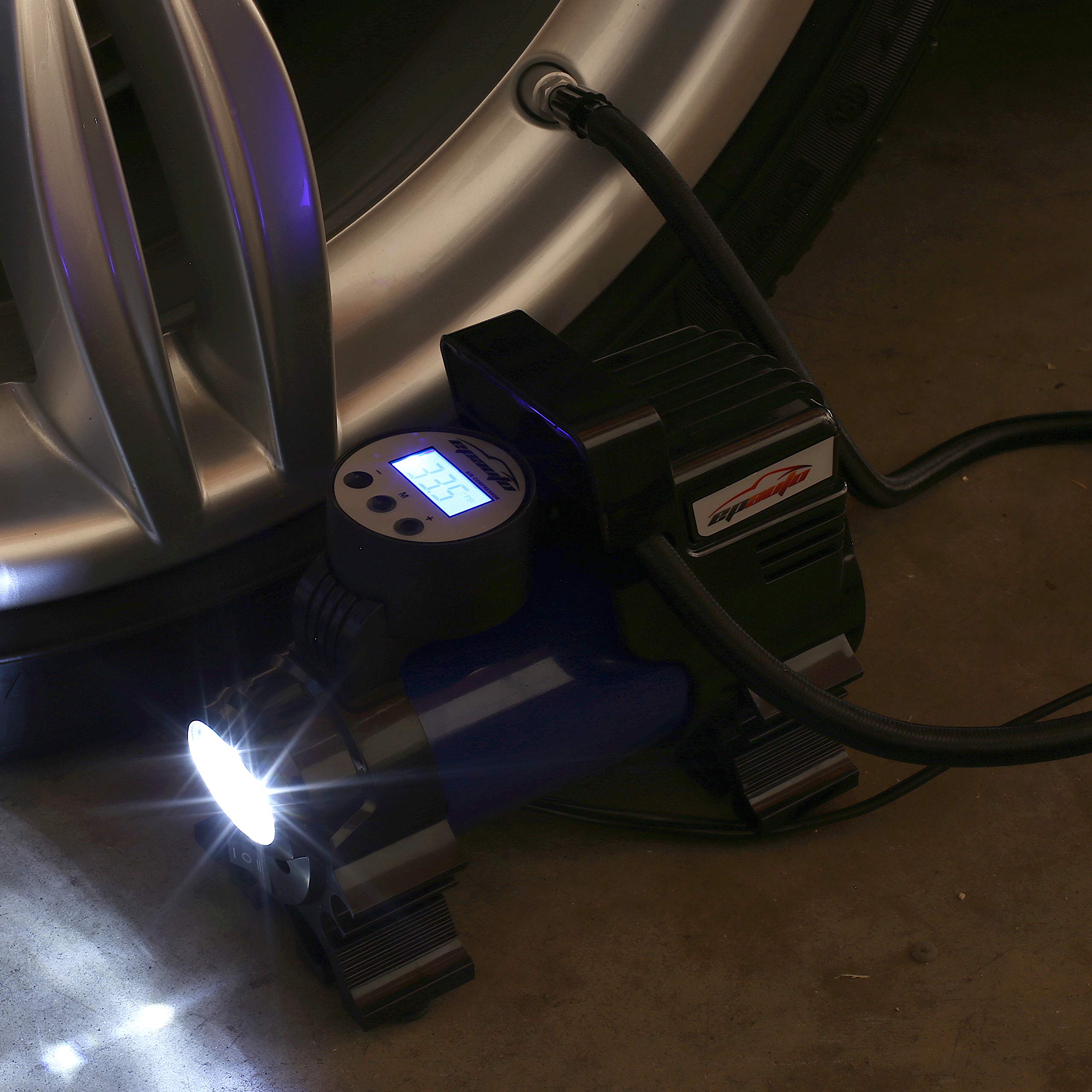EPAuto inflator in use on car tire demonstrating fast inflation and auto shutoff