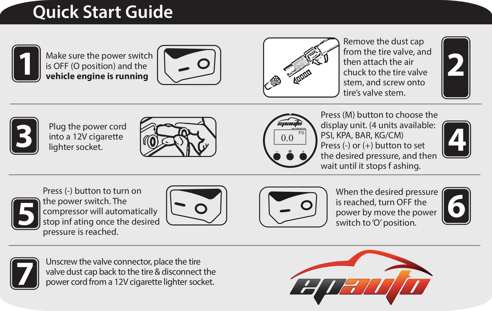 EPAuto inflator LED flashlight illuminated aiding night use and safer roadside operation