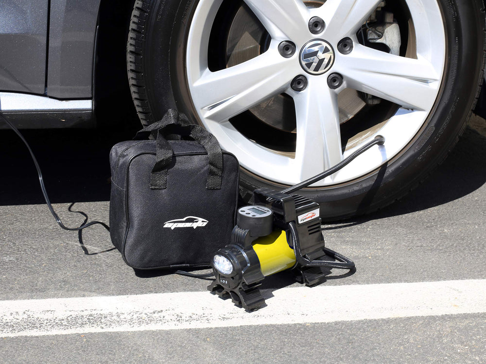 EPAuto inflator attached to car tire demonstrating quick inflation for safer driving