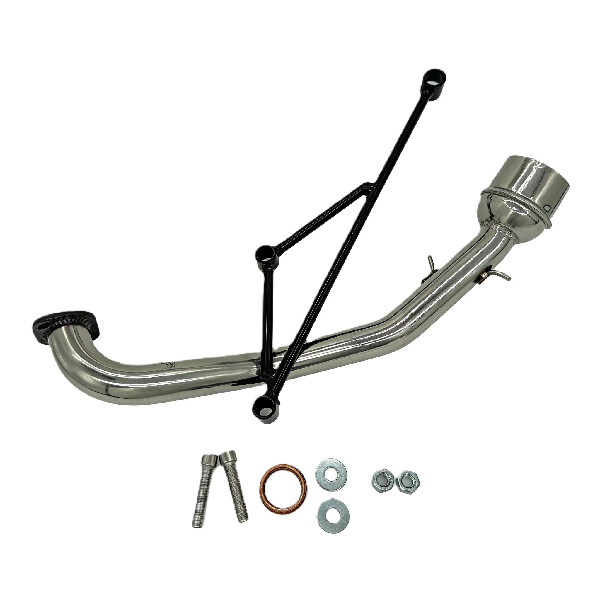 EPJHKBE front view of exhaust header showing fit and polished finish, improves appearance