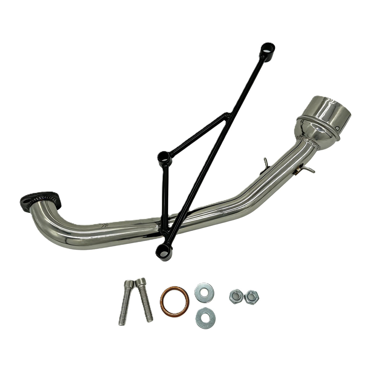 EPJHKBE front view of exhaust header showing fit and polished finish, improves appearance
