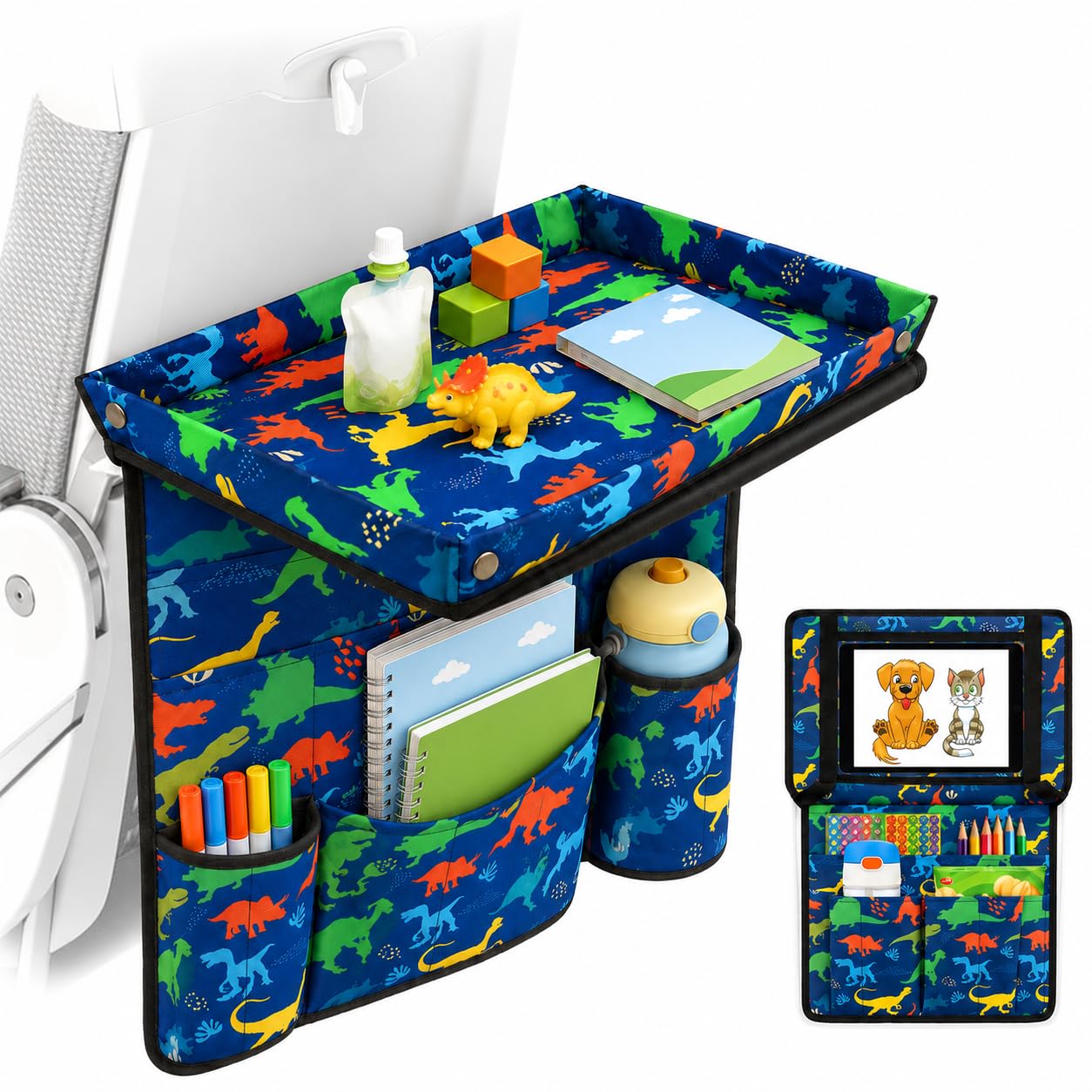 EpoBob front view dinosaur tray cover protecting tray and entertaining child