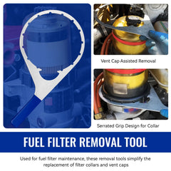 ERETOW wrench clamped to a Davco fuel filter collar during removal demonstrating correct use