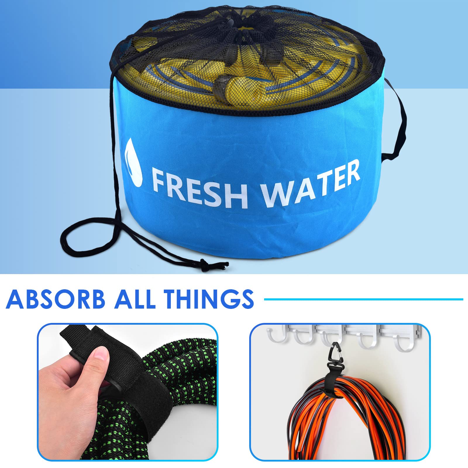 ERKOON black sewer hose bag open showing waterproof lining for easy cleanup