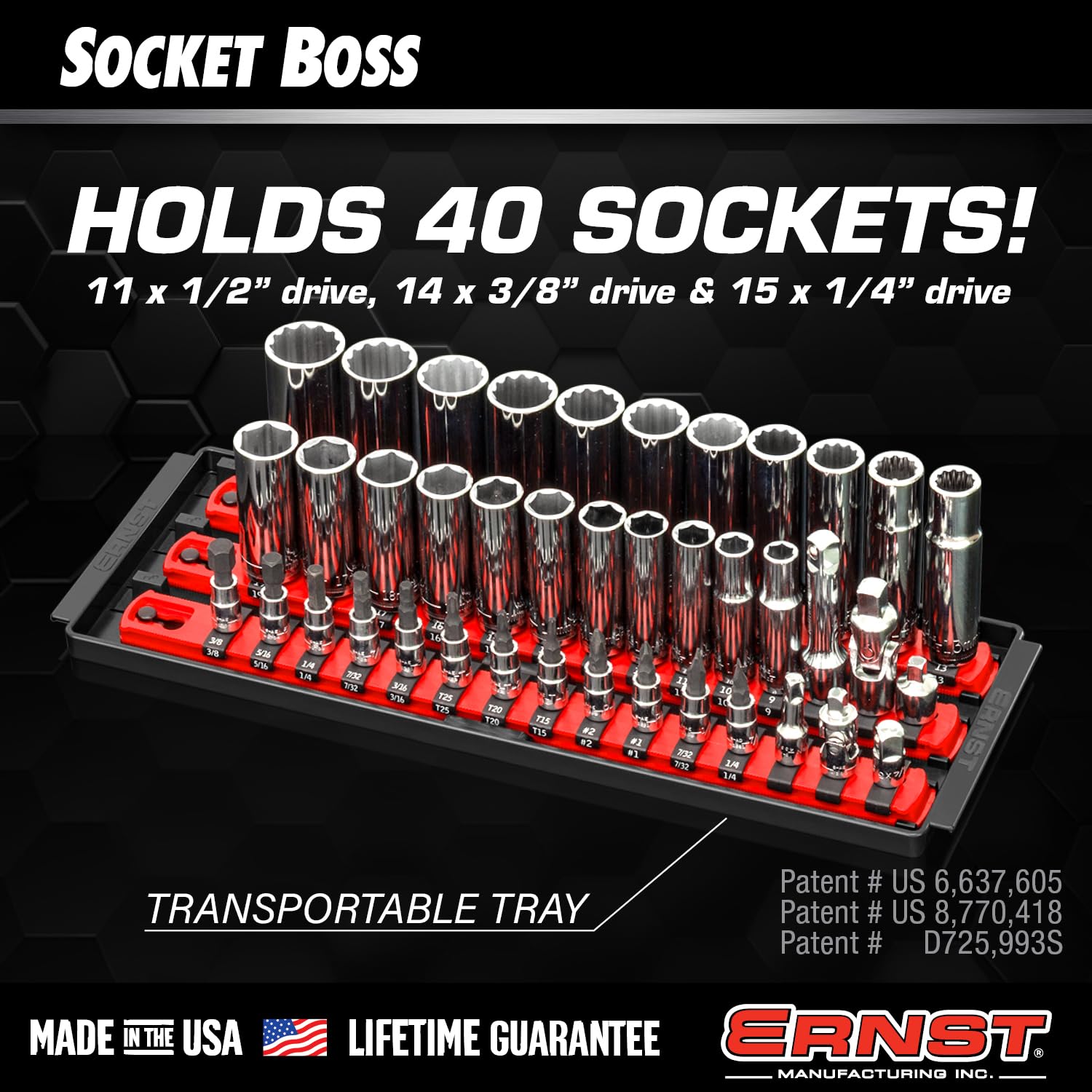 Ernst 8490 loaded with sockets top view showing organized, labeled-ready benefit