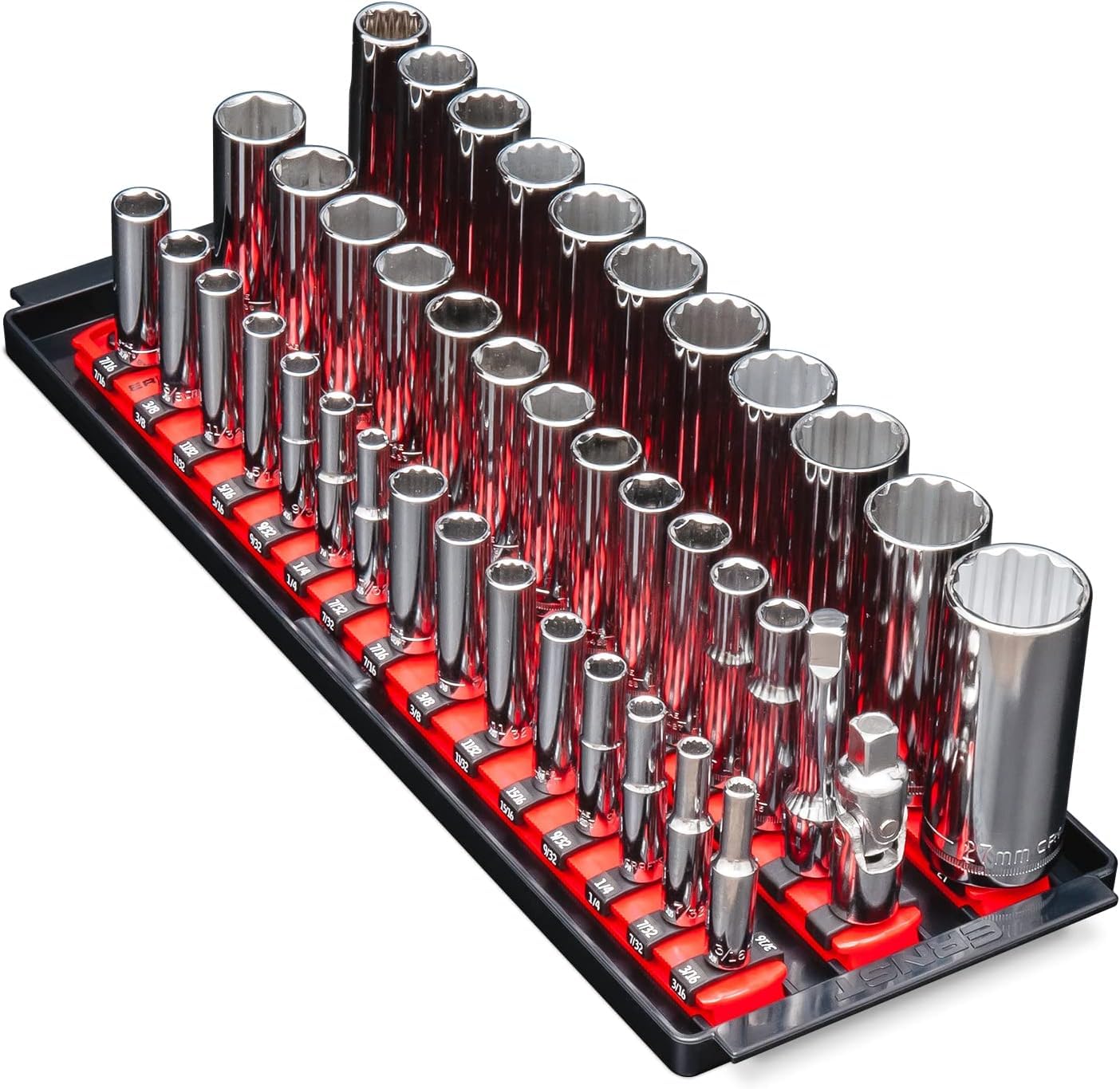 Ernst 8490 rail close-up showing molded end stops and durable construction benefit