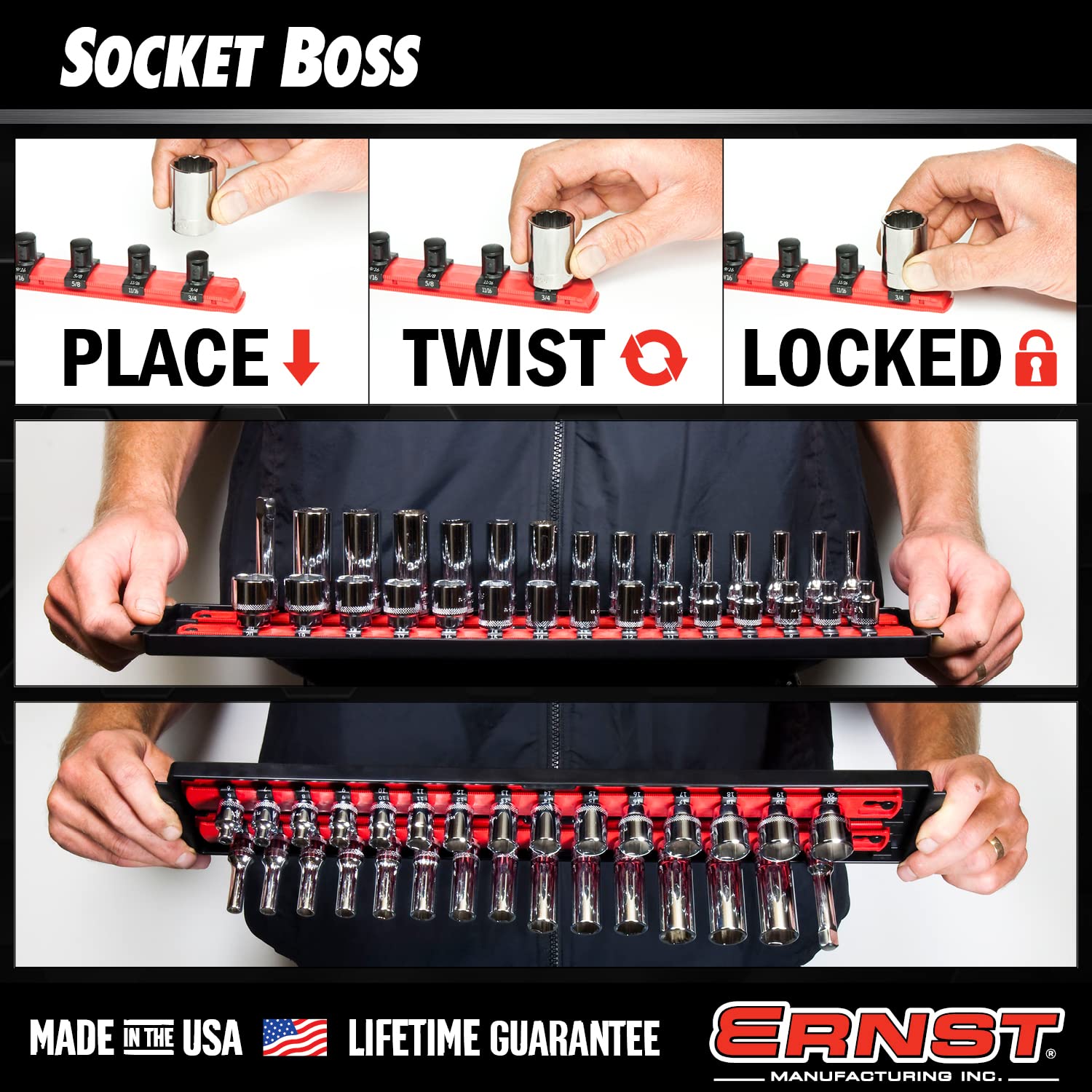Ernst 8490 rails popped out showing push-button release and quick reconfiguration benefit