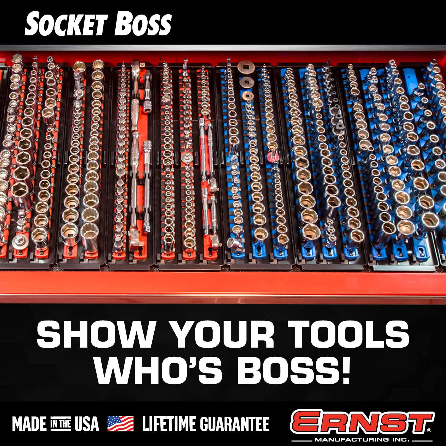 Ernst 8490 size comparison in drawer showing space-saving toolbox storage benefit