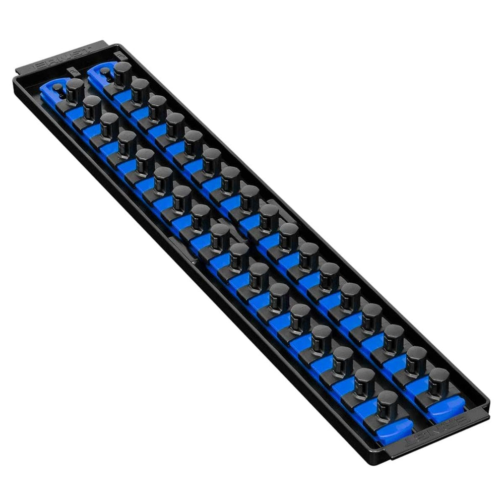 Ernst Manufacturing front view of blue Socket Boss tray showing locked rails for secure storage