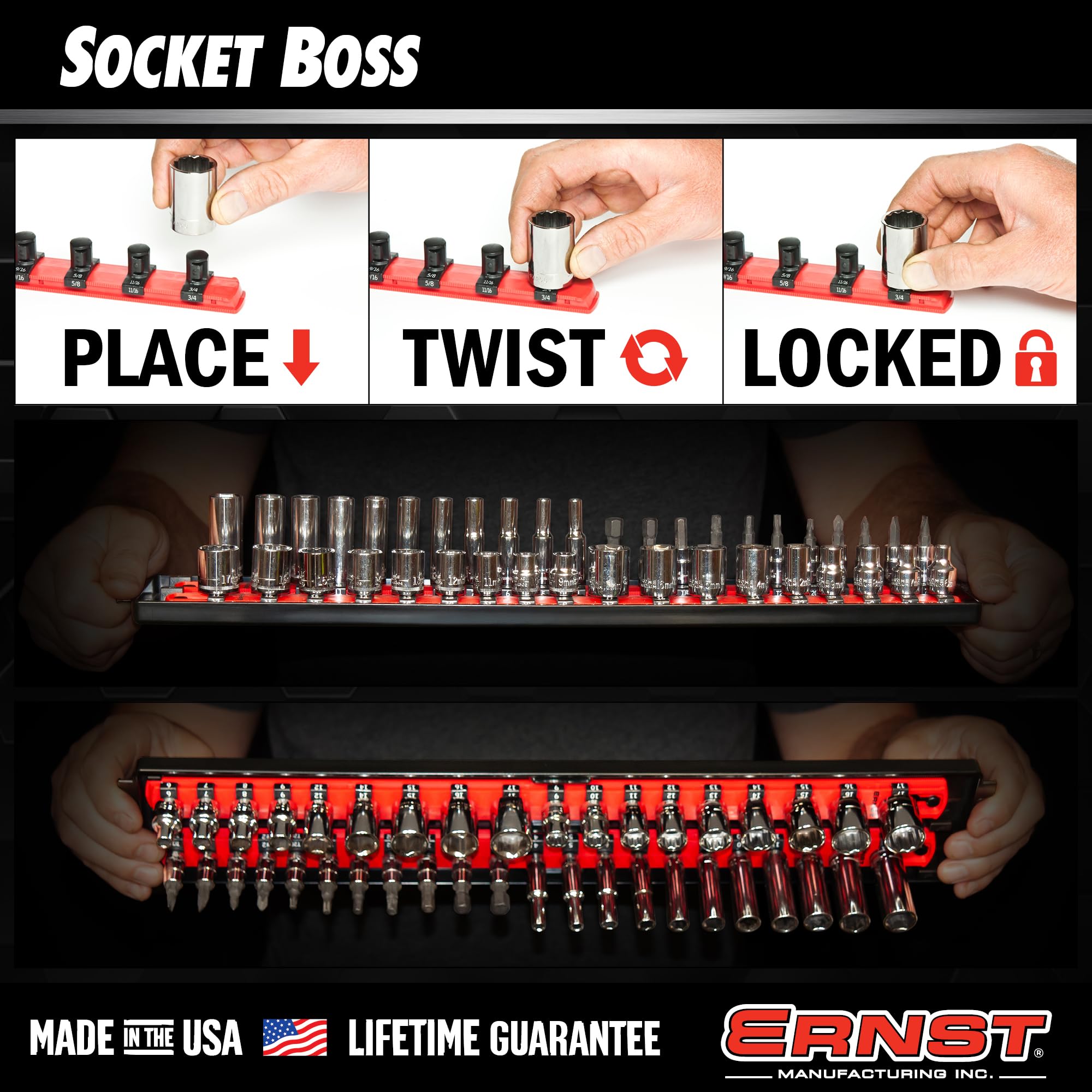 Ernst Manufacturing tray beside a tape measure showing scale and capacity benefit