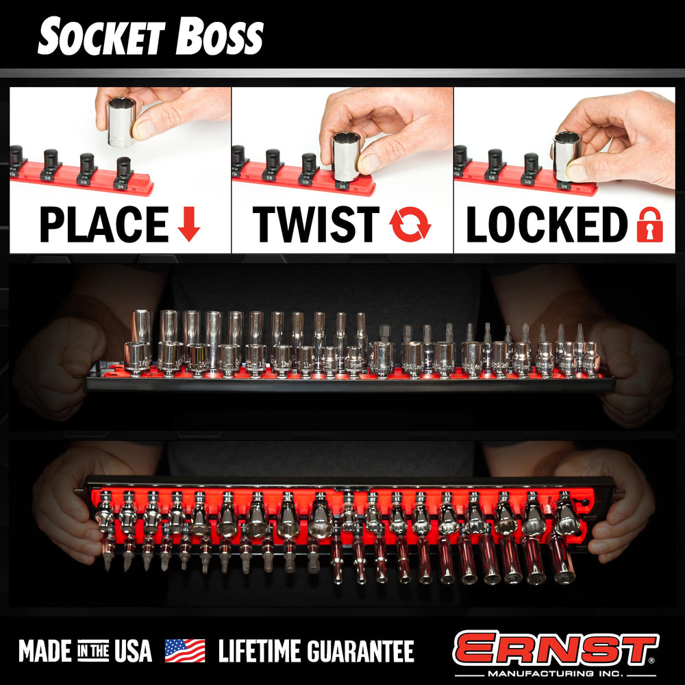 Ernst Manufacturing tray beside a tape measure showing scale and capacity benefit