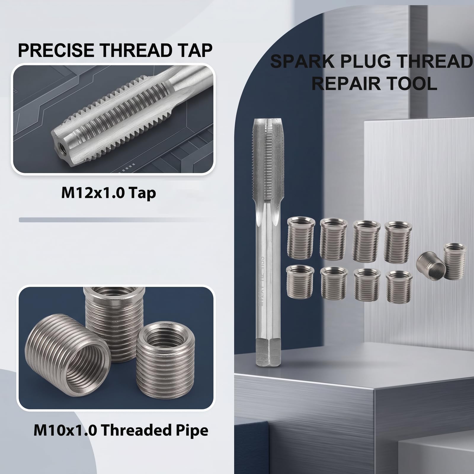 Espusta close-up of stainless steel M10×1.0 inserts highlighting durability