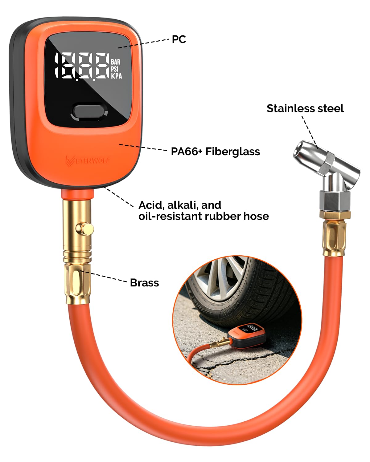 ETENWOLF T600 attached to car tire valve demonstrating live pressure measurement