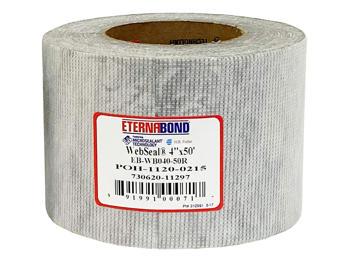 EternaBond WebSeal front roll showing label and usable length, highlights fast waterproofing