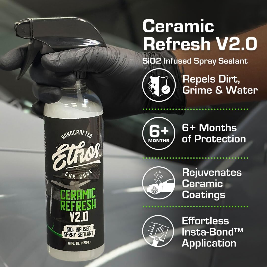 Ethos Handcrafted Car Care spray pattern close-up demonstrating even coverage
