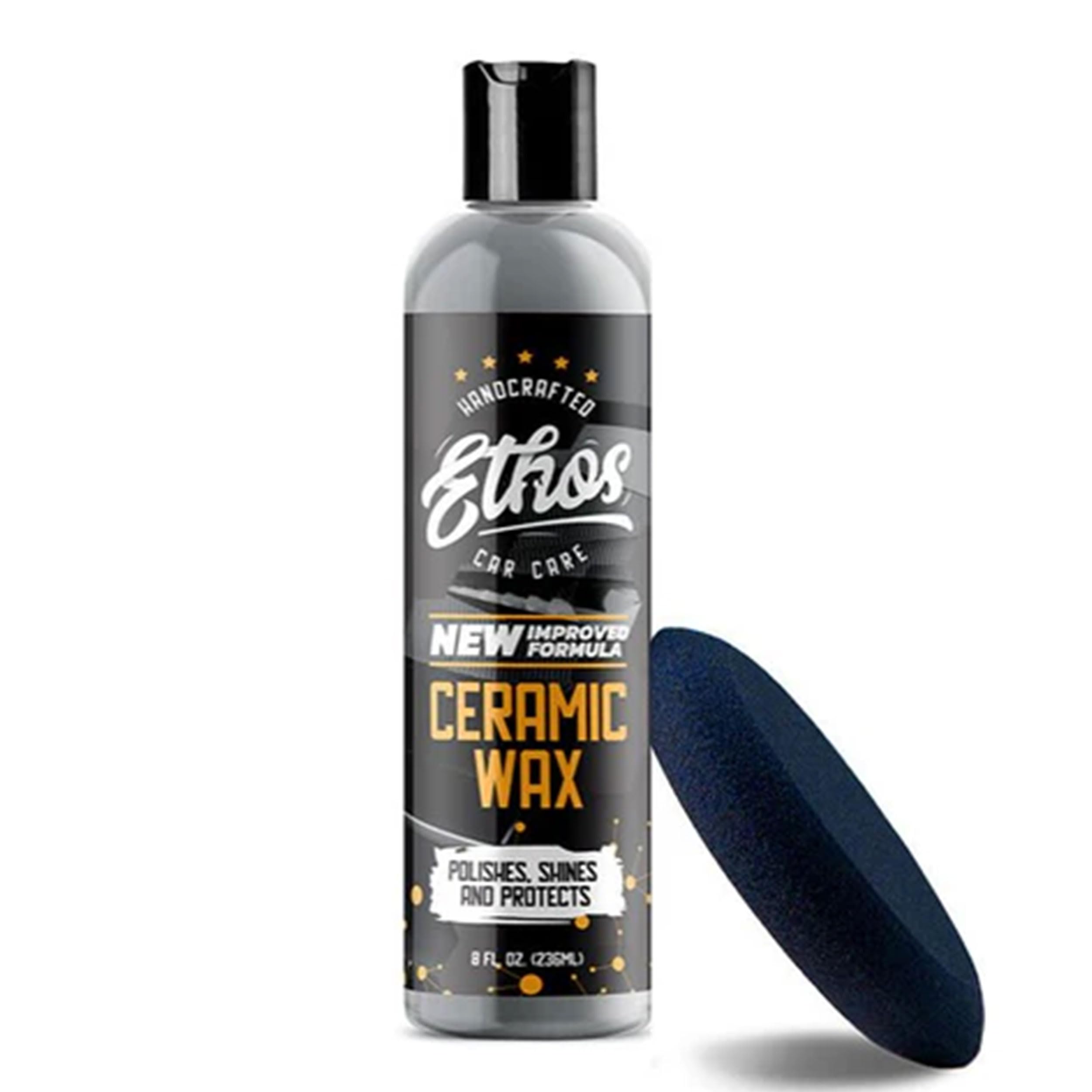 Ethos Handcrafted Car Care front bottle showing label and easy application benefit