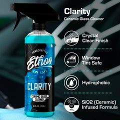 Ethos Clarity V2 being sprayed onto glass for quick grime removal