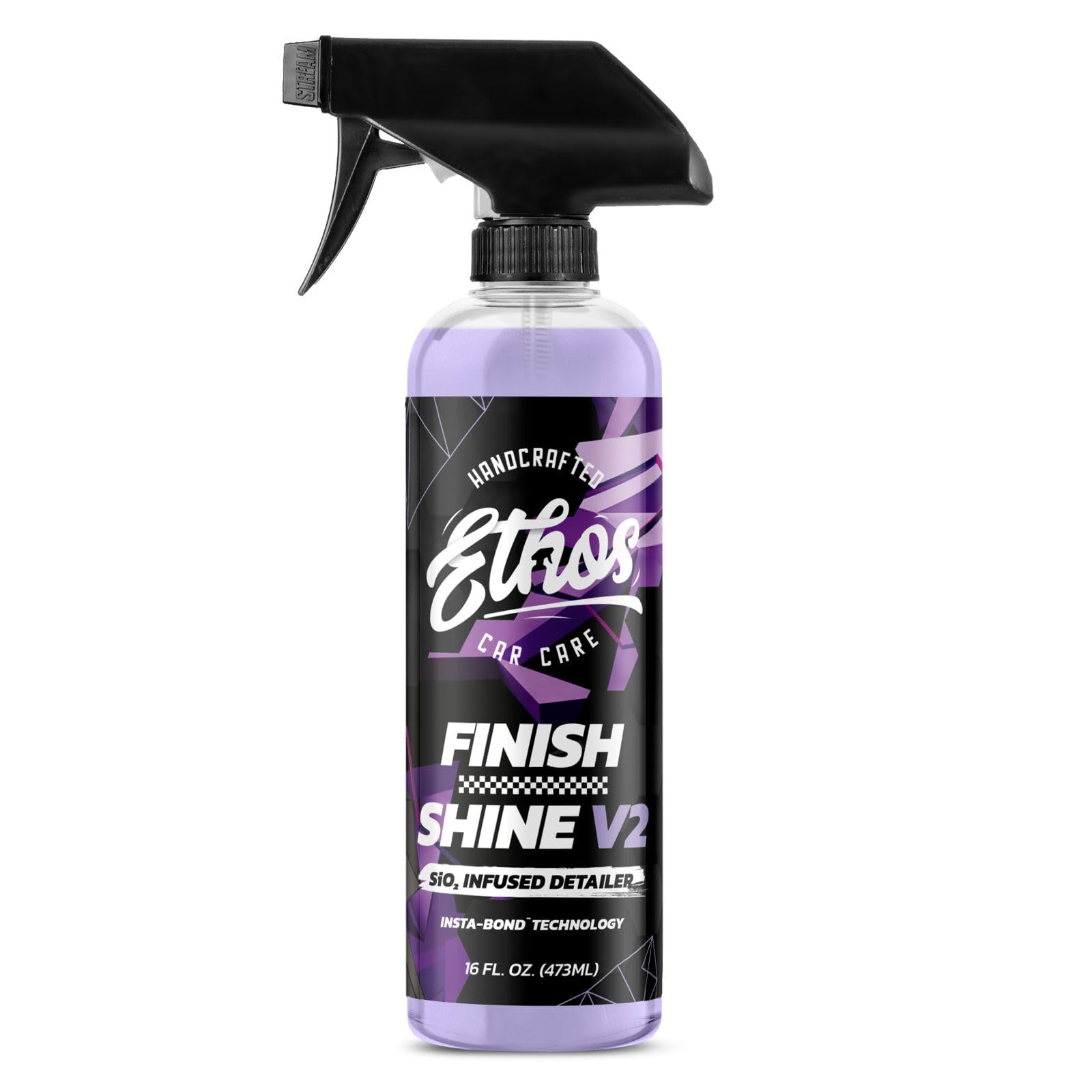 Ethos Handcrafted Car Care finish shine bottle front label showing product identity and clarity