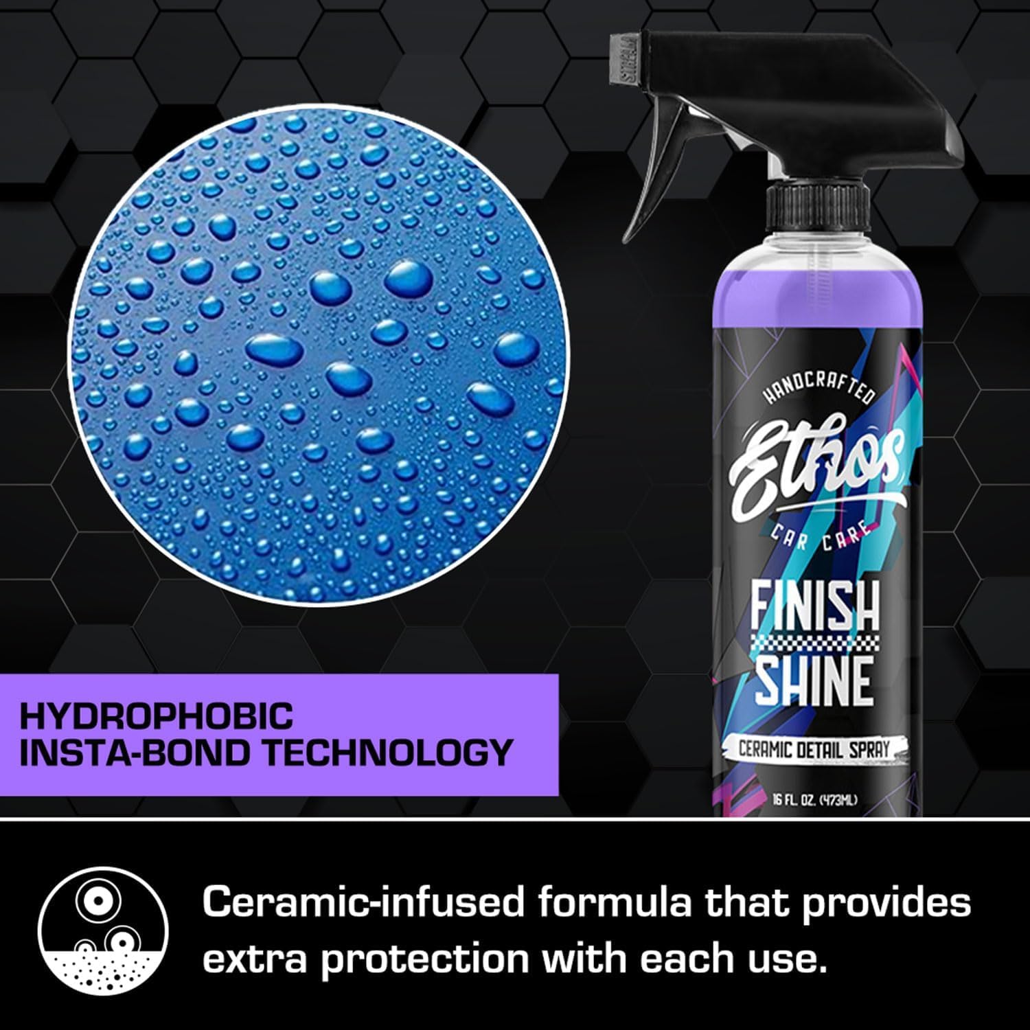 Detailing setup with Ethos finish shine and towels showing fast maintenance benefit